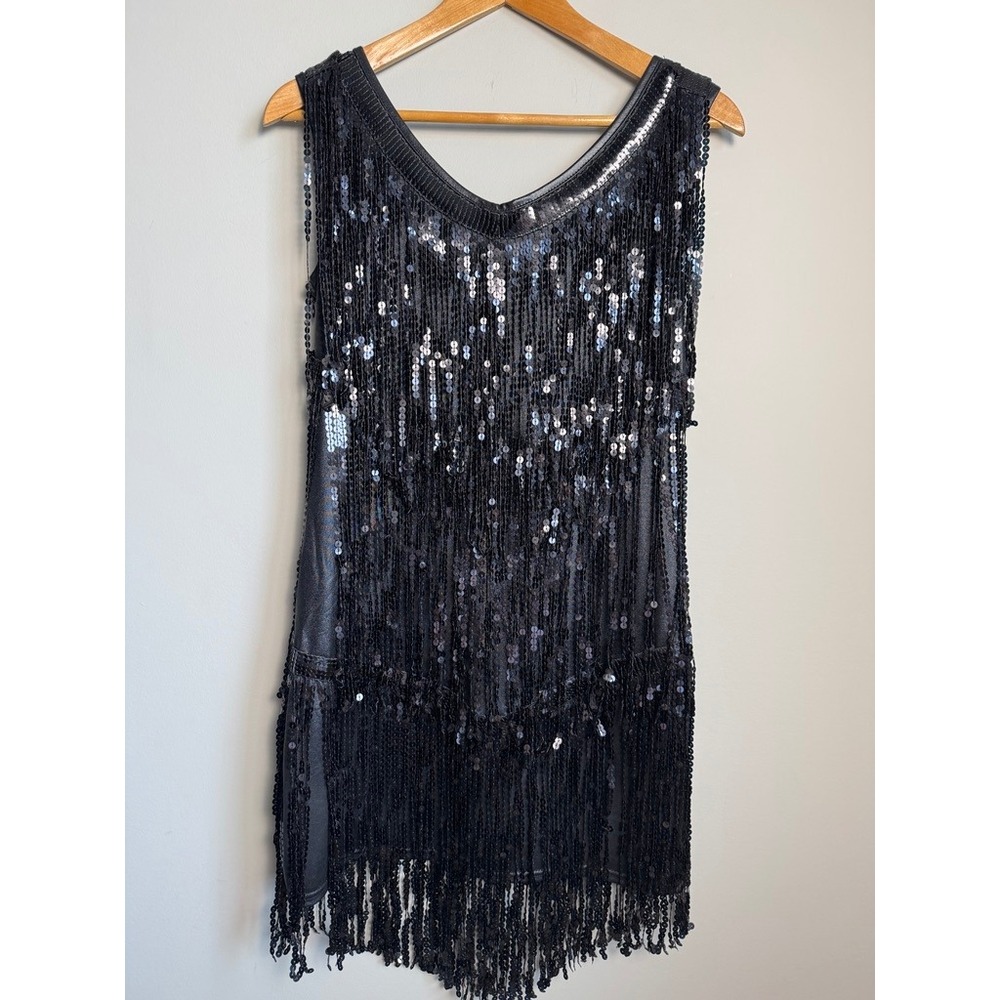 Black Sequin‎ Fringe Sleeveless V-Neck Flapper Style Party Mini Dress Medium